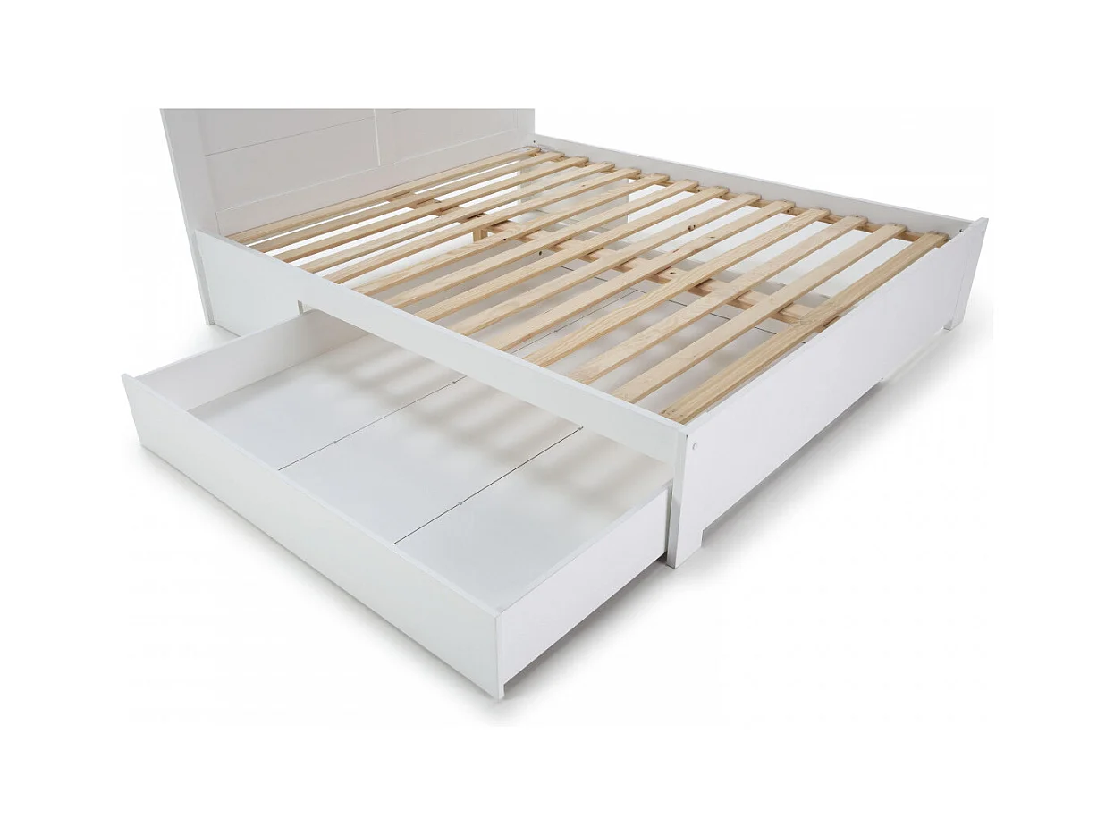 CELAN - Lit 160x200cm avec Tiroir MDF et Pin Coloris Blanc et Naturel