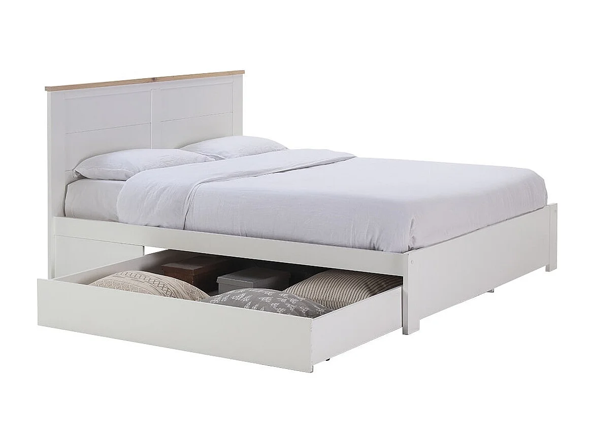 CELAN - Lit 160x200cm avec Tiroir MDF et Pin Coloris Blanc et Naturel