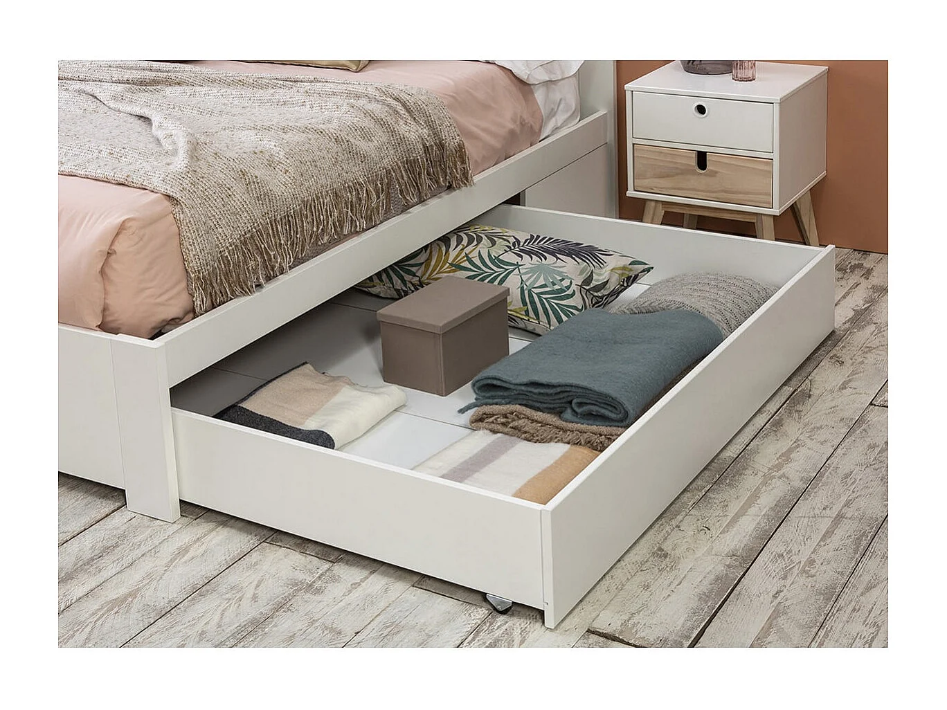 CELAN - Lit 160x200cm avec Tiroir MDF et Pin Coloris Blanc et Naturel