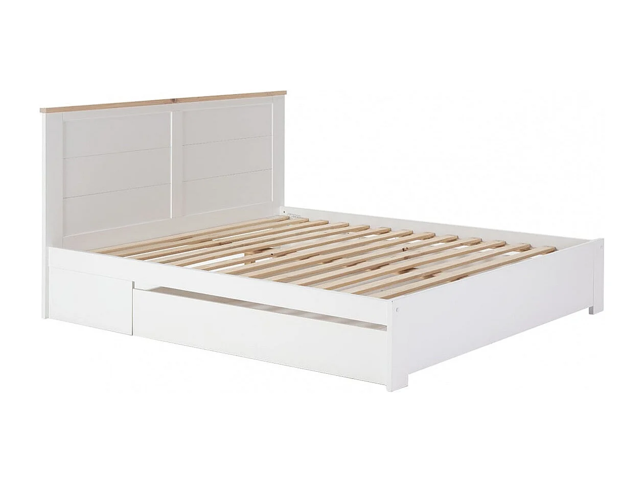 CELAN - Lit 160x200cm avec Tiroir MDF et Pin Coloris Blanc et Naturel