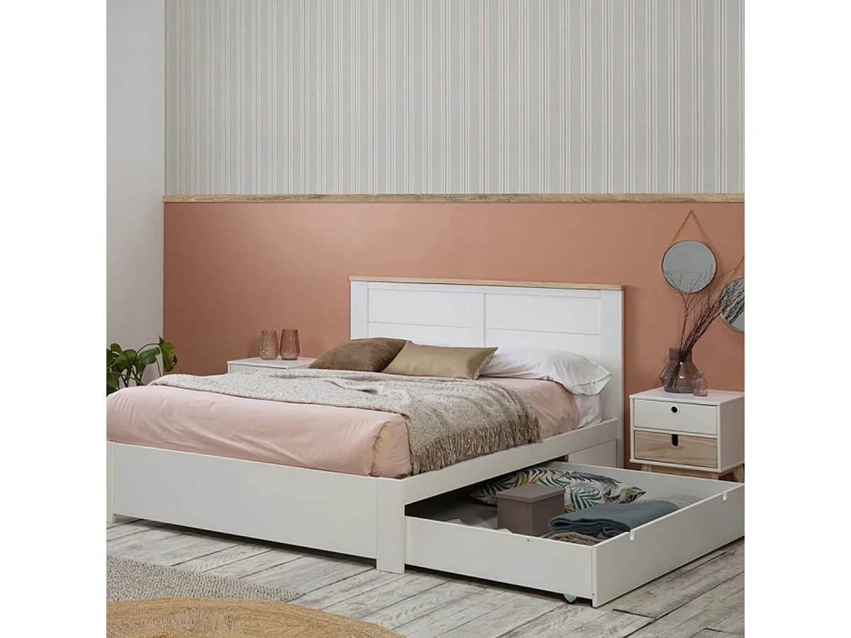 CELAN - Lit 160x200cm avec Tiroir MDF et Pin Coloris Blanc et Naturel