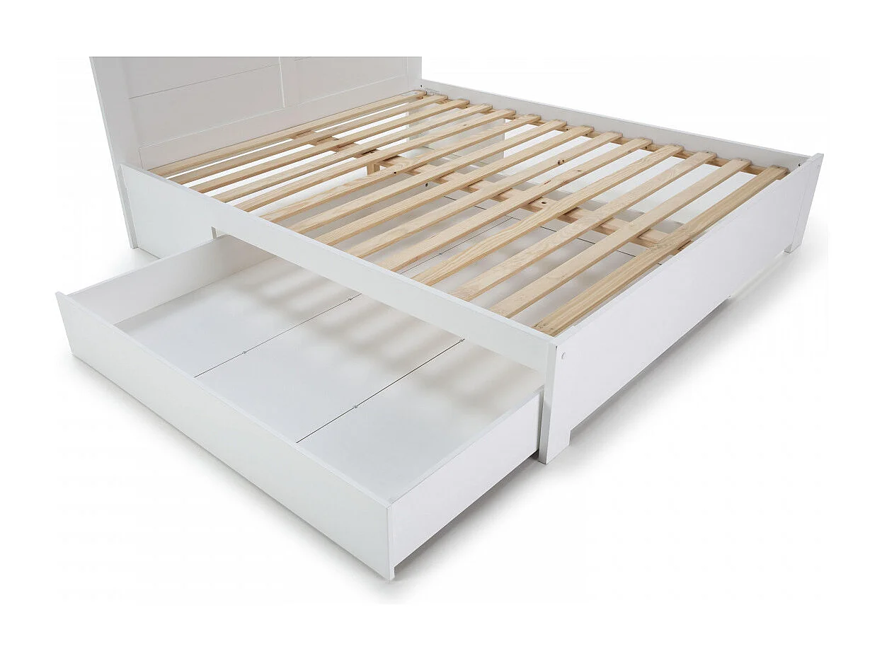 CELAN - Lit 160x200cm avec Tiroir MDF et Pin Coloris Blanc et Naturel