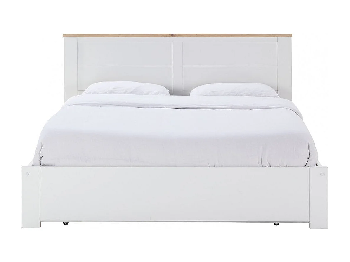 CELAN - Lit 160x200cm avec Tiroir MDF et Pin Coloris Blanc et Naturel