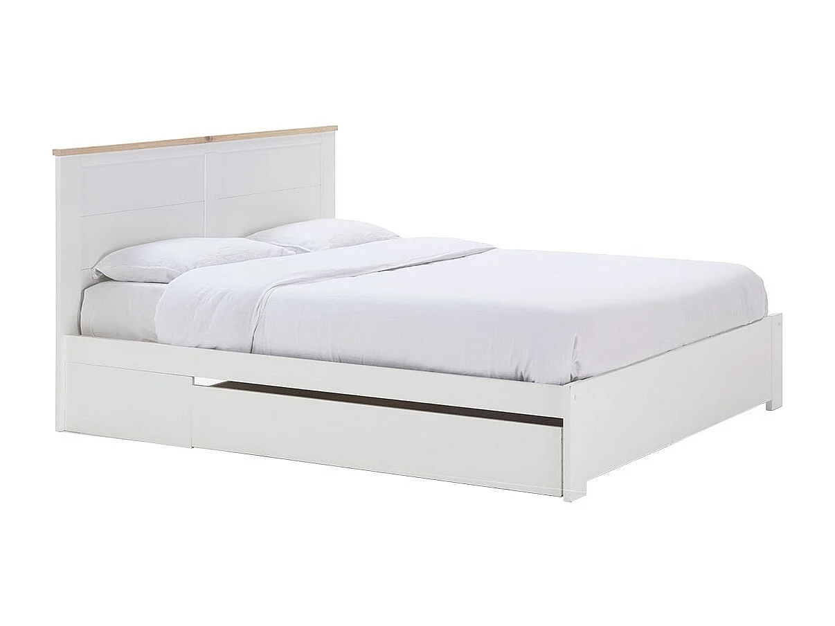 CELAN - Lit 160x200cm avec Tiroir MDF et Pin Coloris Blanc et Naturel