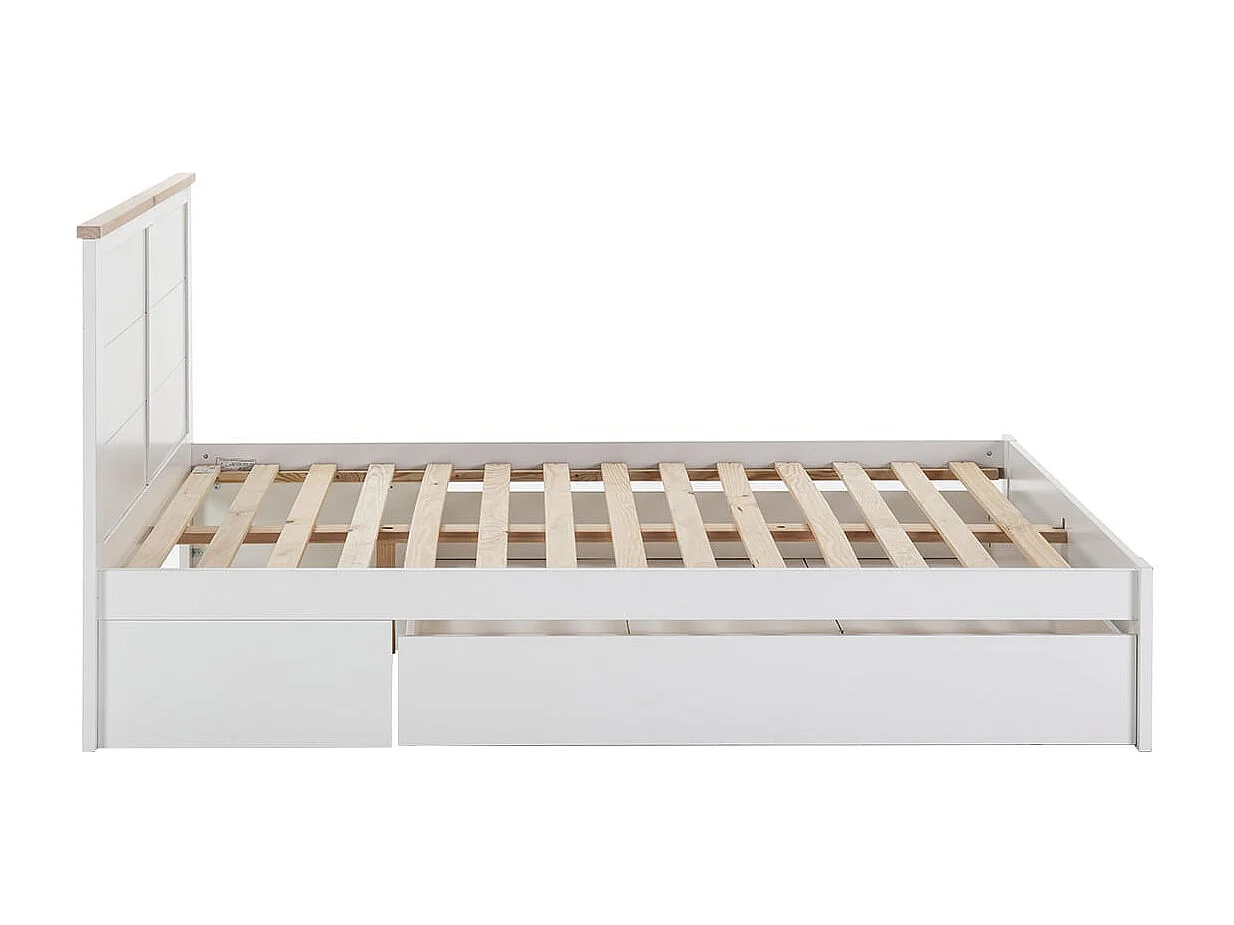 CELAN - Lit 160x200cm avec Tiroir MDF et Pin Coloris Blanc et Naturel