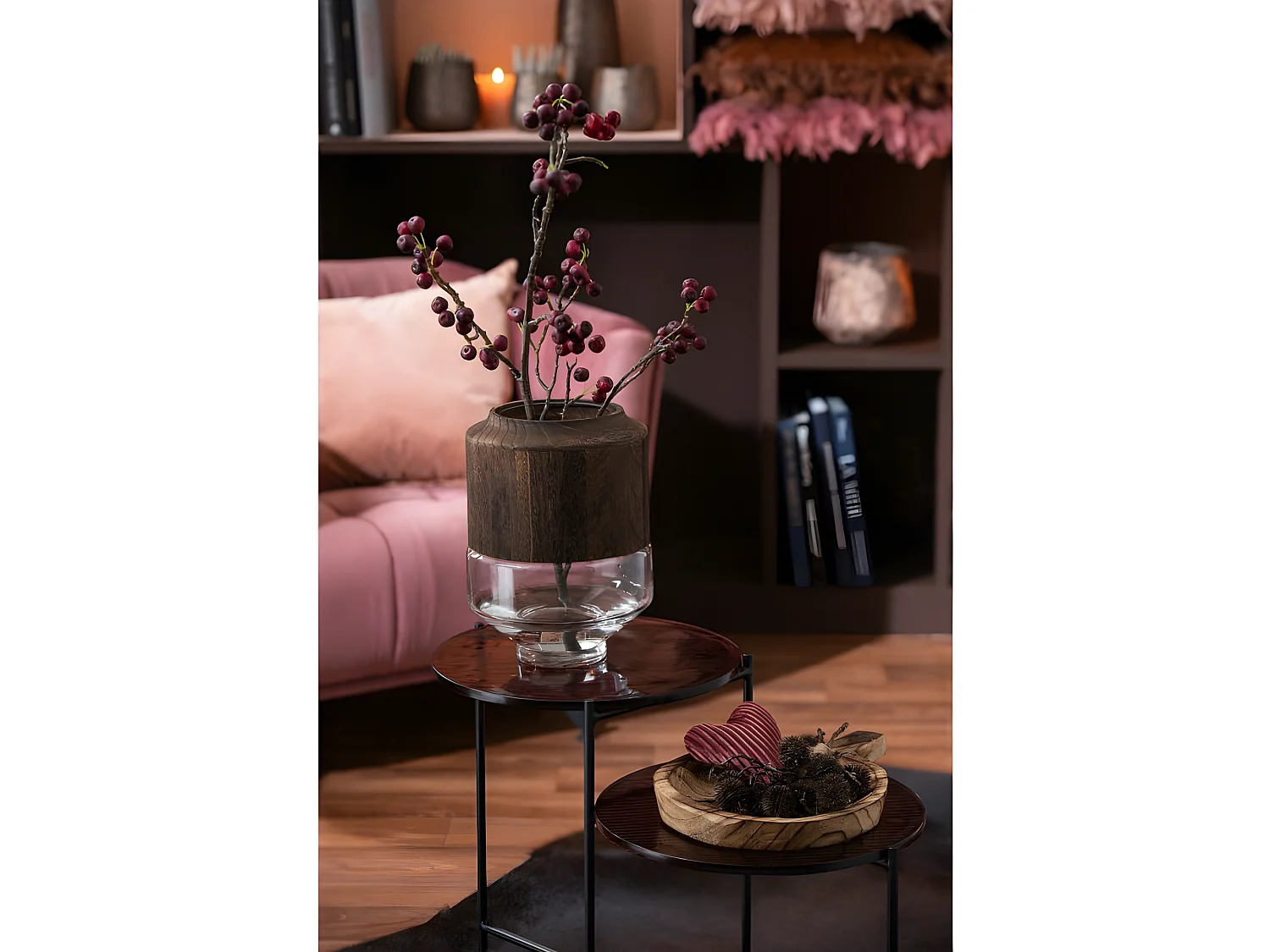 Vaso cilindrico in legno e vetro marrone 23x23x31 cm