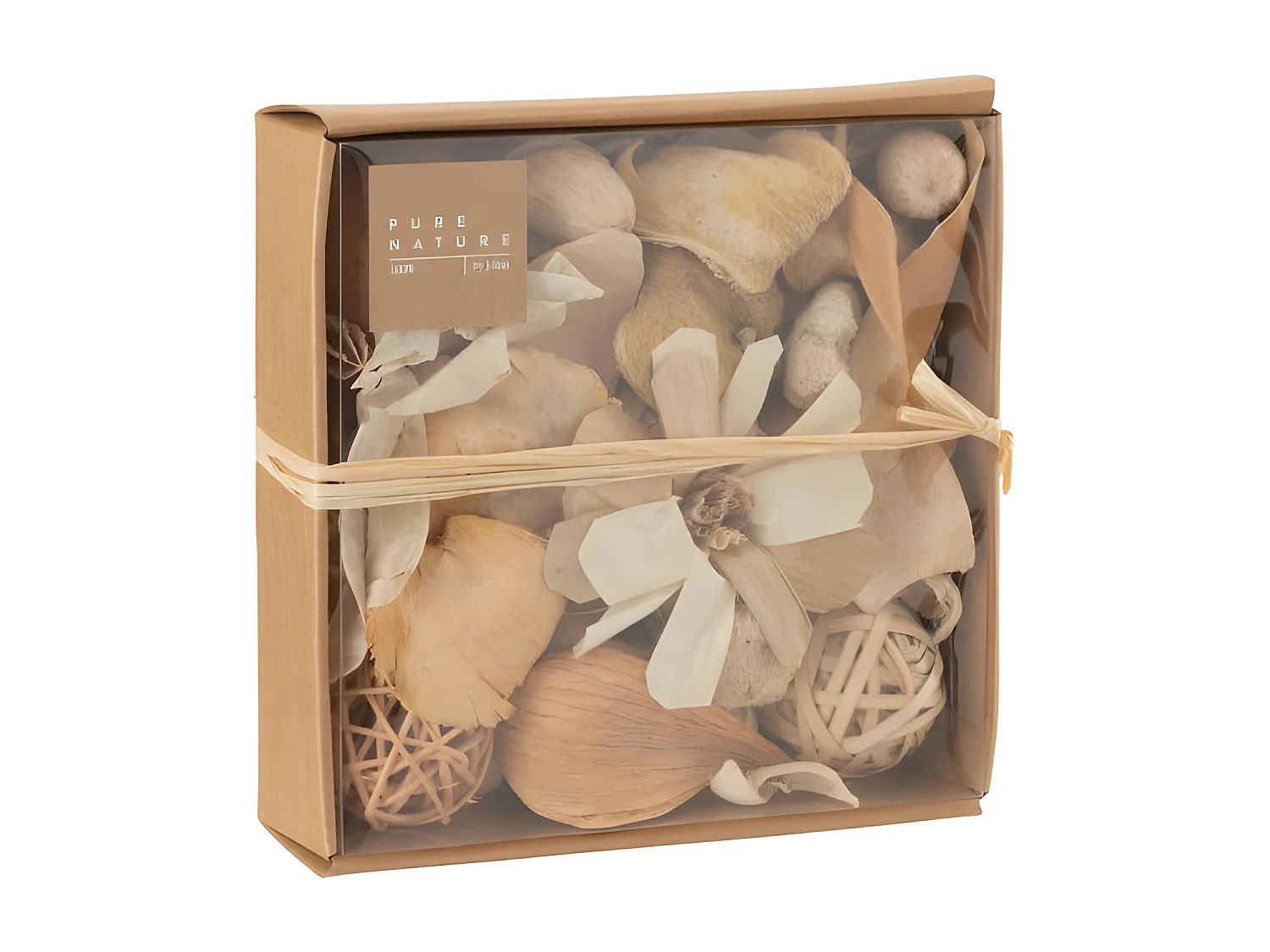 Potpourri de flores y nueces en madera natural 19x19x6 cm