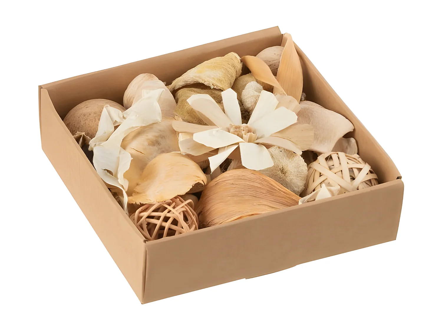 Potpourri de flores y nueces en madera natural 19x19x6 cm