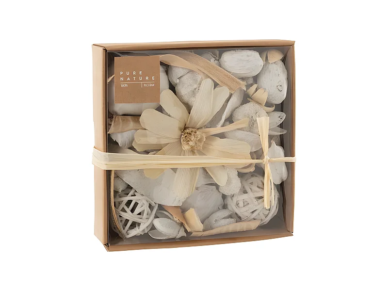 Potpourri de flores y nueces en madera blanca 18x18x6 cm