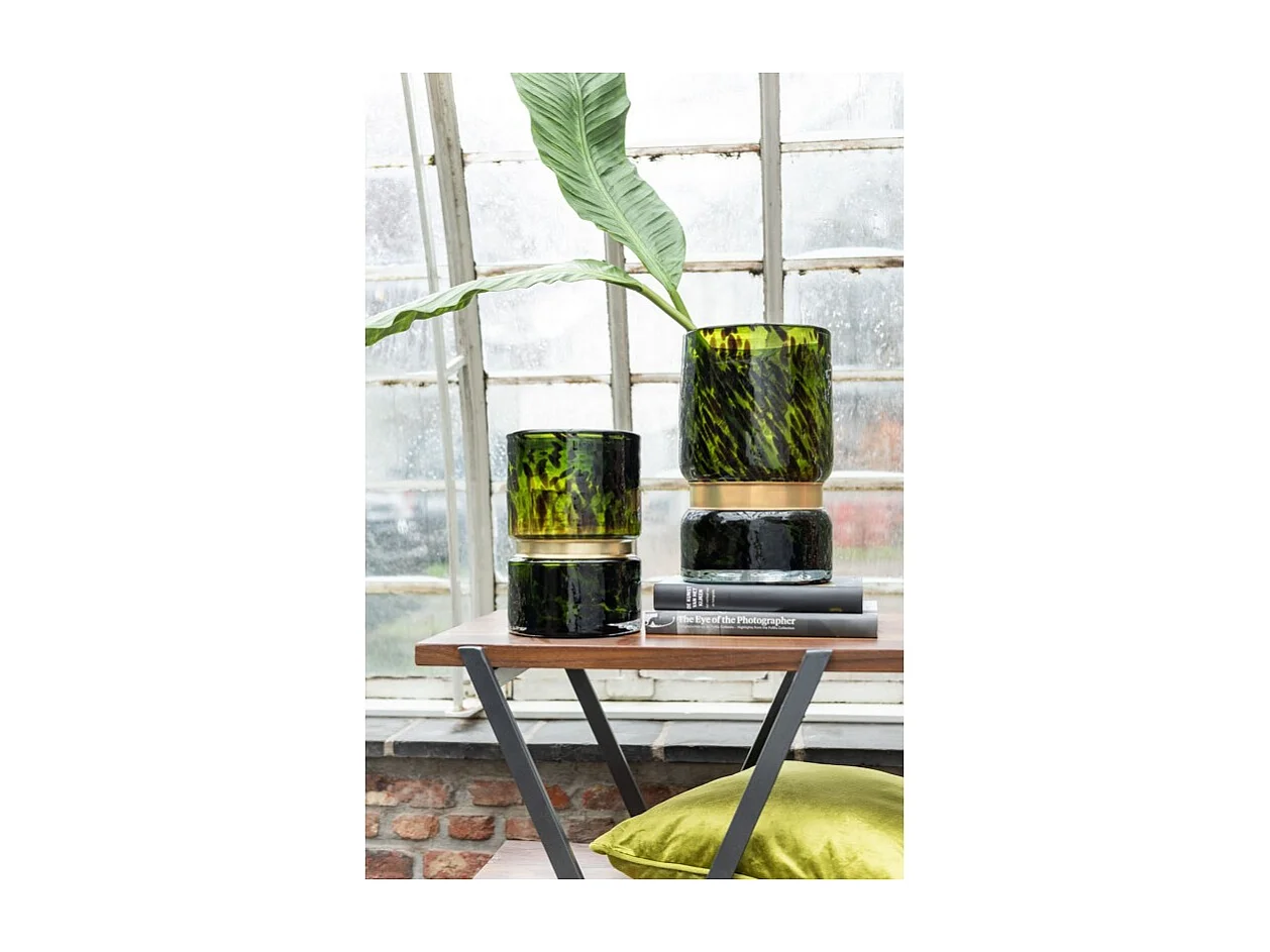 Vaso maculato con anello dorato in vetro verde 16x16x24 cm