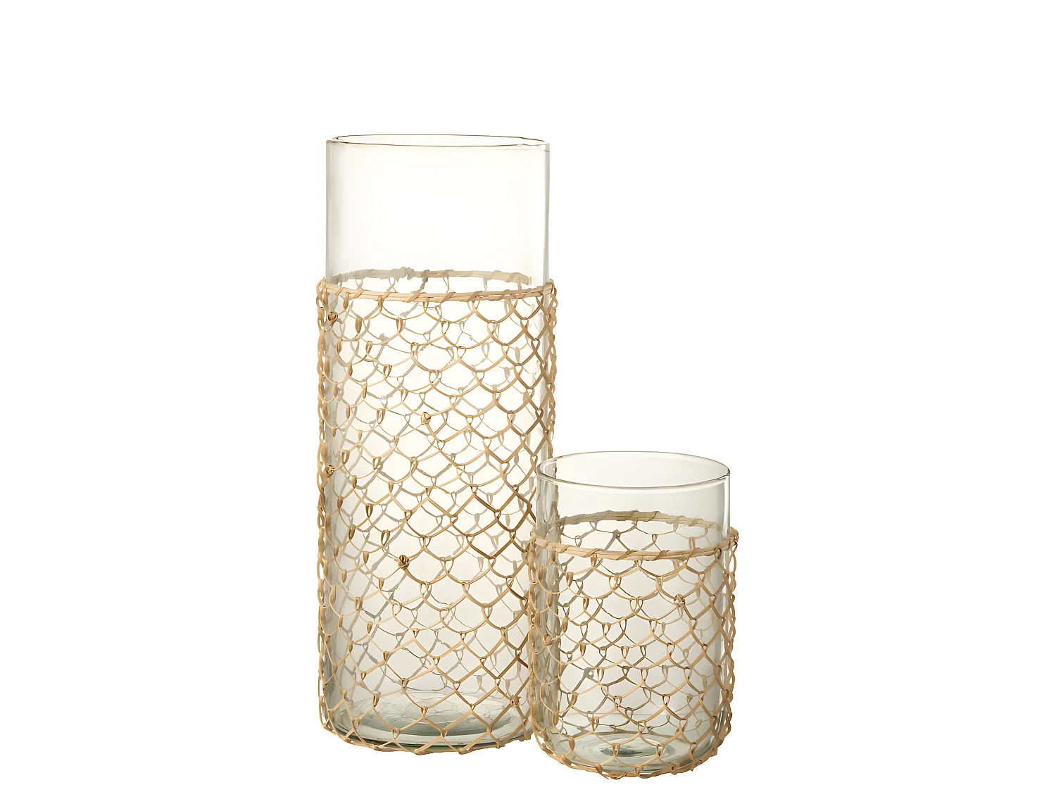 Jarrón con red de ratán de vidrio transparente 14x14x21 cm