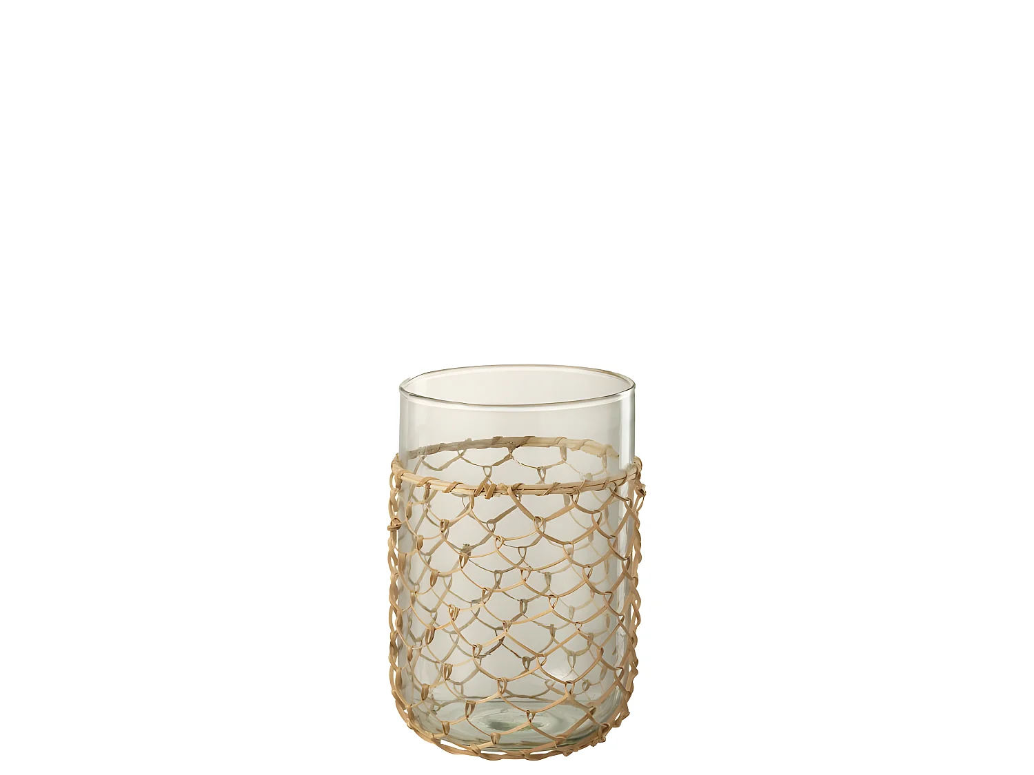 Jarrón con red de ratán de vidrio transparente 14x14x21 cm