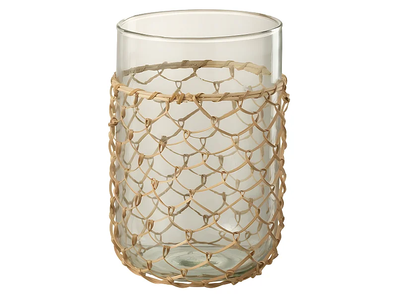 Jarrón con red de ratán de vidrio transparente 14x14x21 cm