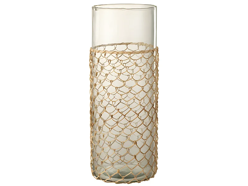 Jarrón con red de ratán de vidrio transparente 18x18x43 cm