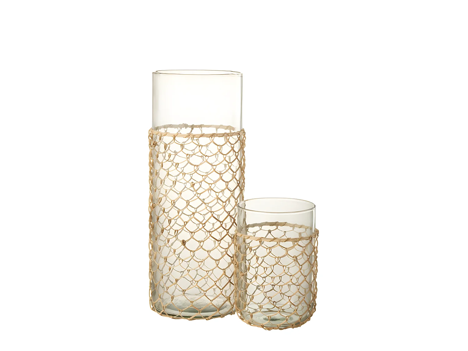 Jarrón con red de ratán de vidrio transparente 18x18x43 cm