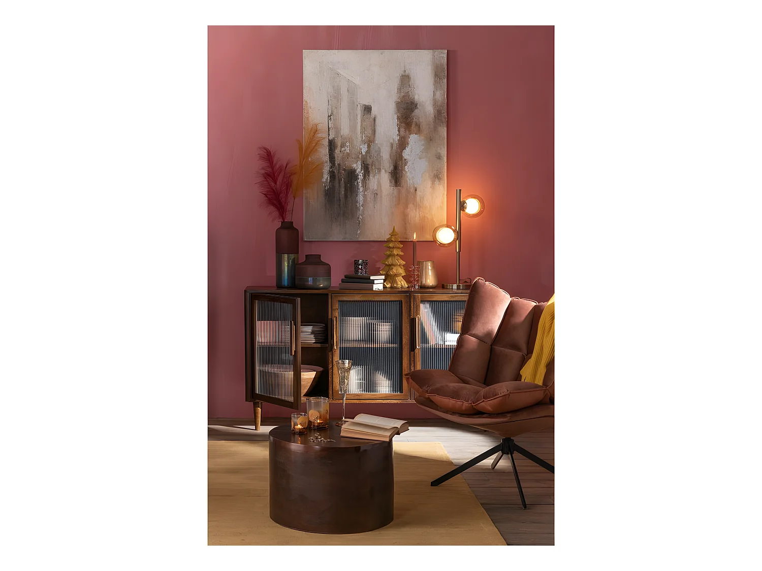 Jarrón redondo con cuello de vidrio multicolor 22x22x21 cm