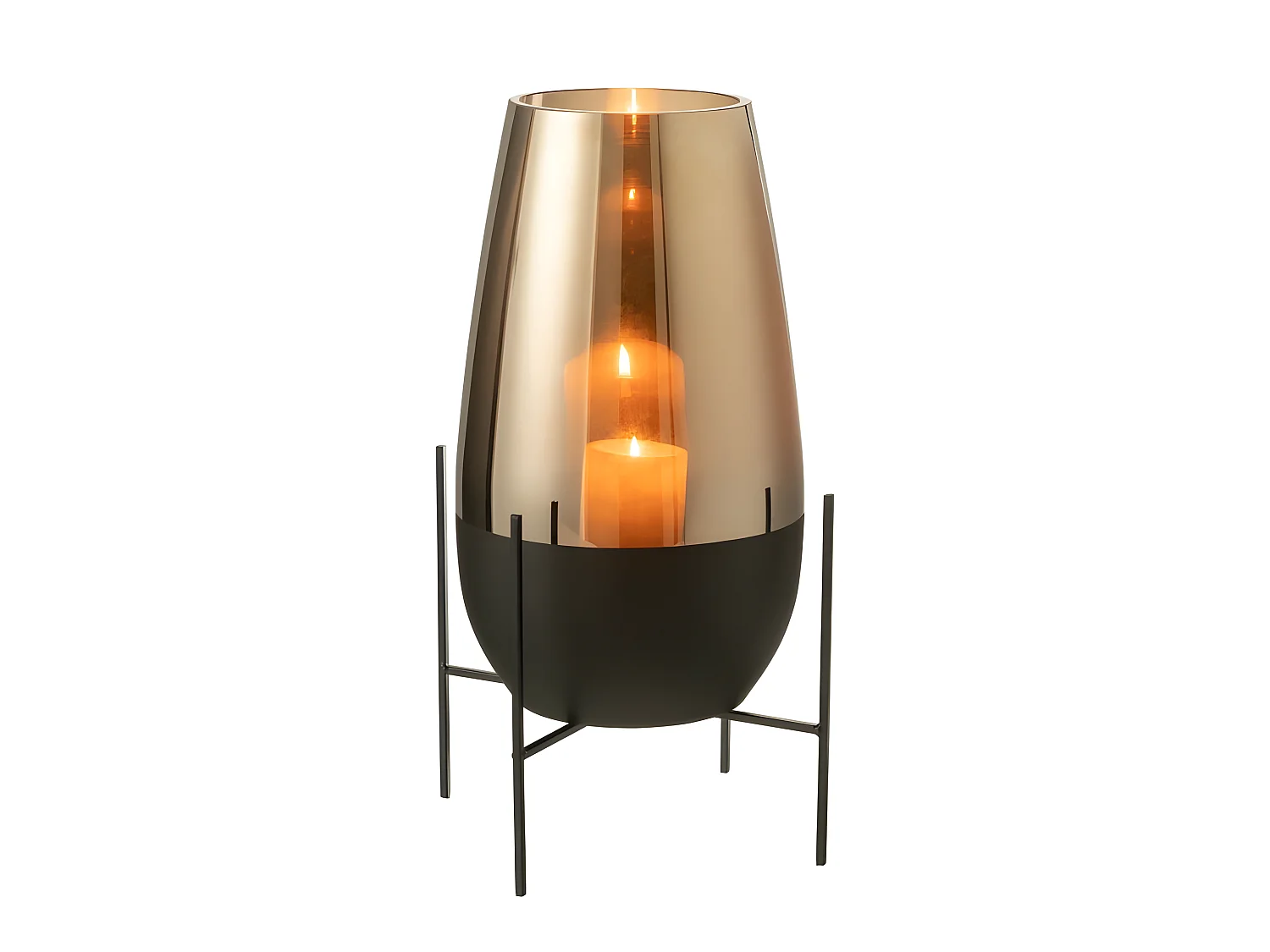 Jarrón ovalado de vidrio sobre base de metal negro de 26x47cm