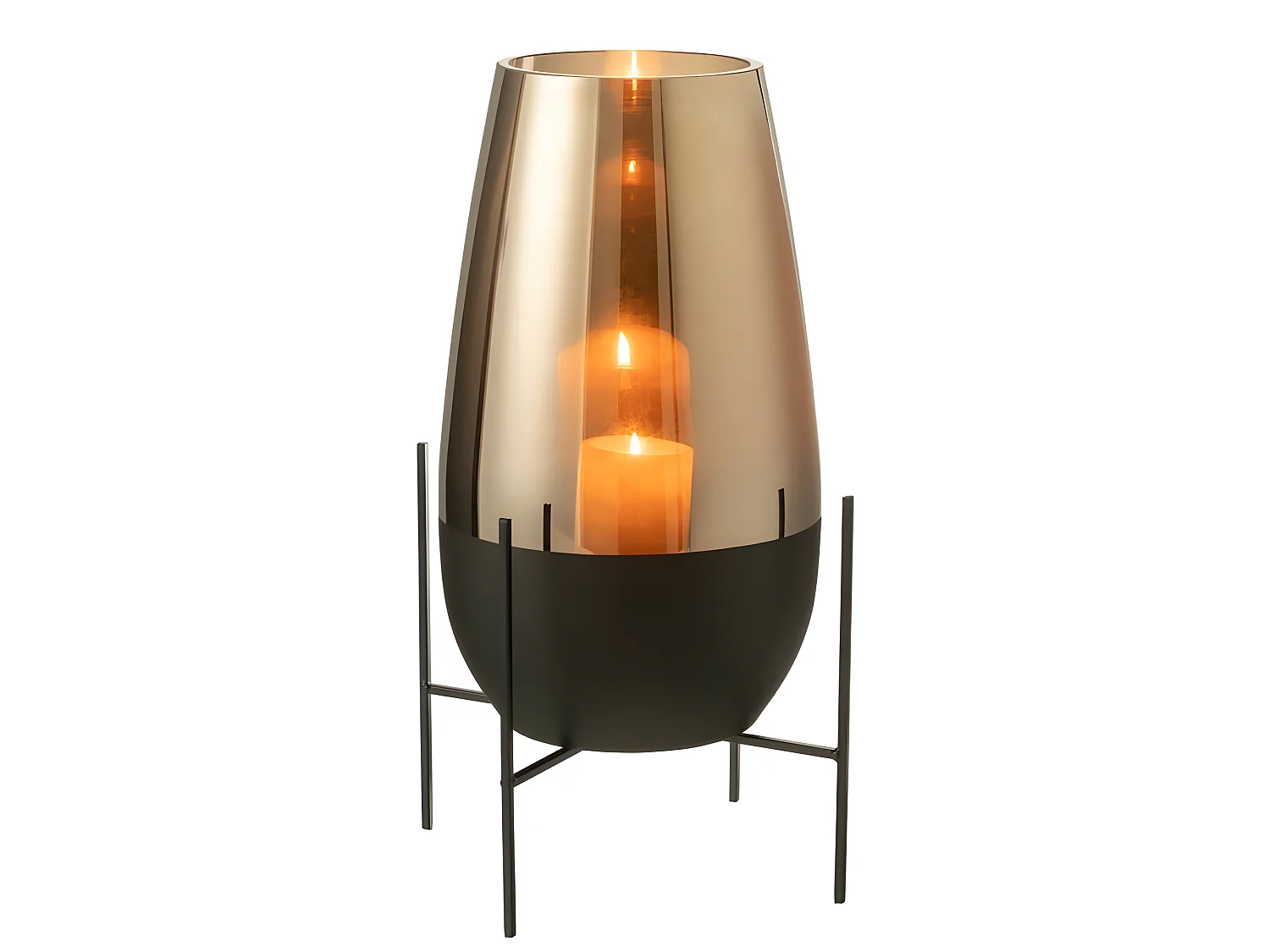 Jarrón ovalado de vidrio sobre base de metal negro de 26x47cm