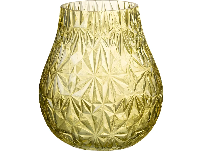 Jarrón de vidrio amarillo tallado de 18x18x22 cm