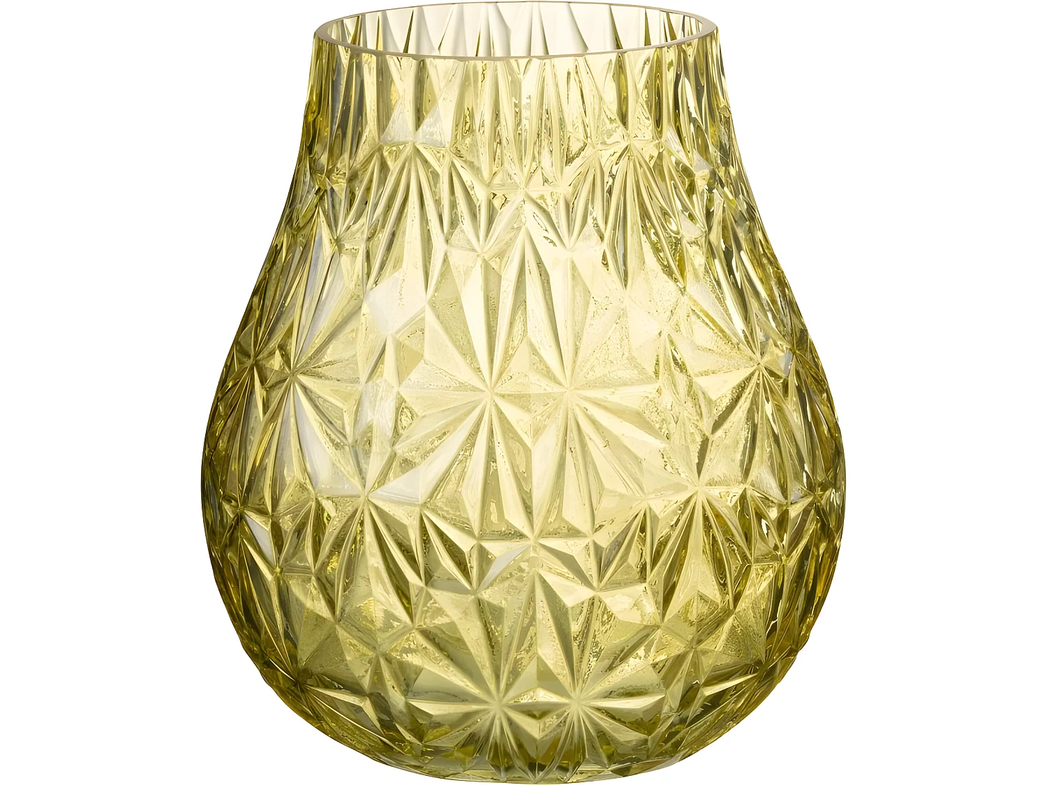 Jarrón de vidrio amarillo tallado de 18x18x22 cm