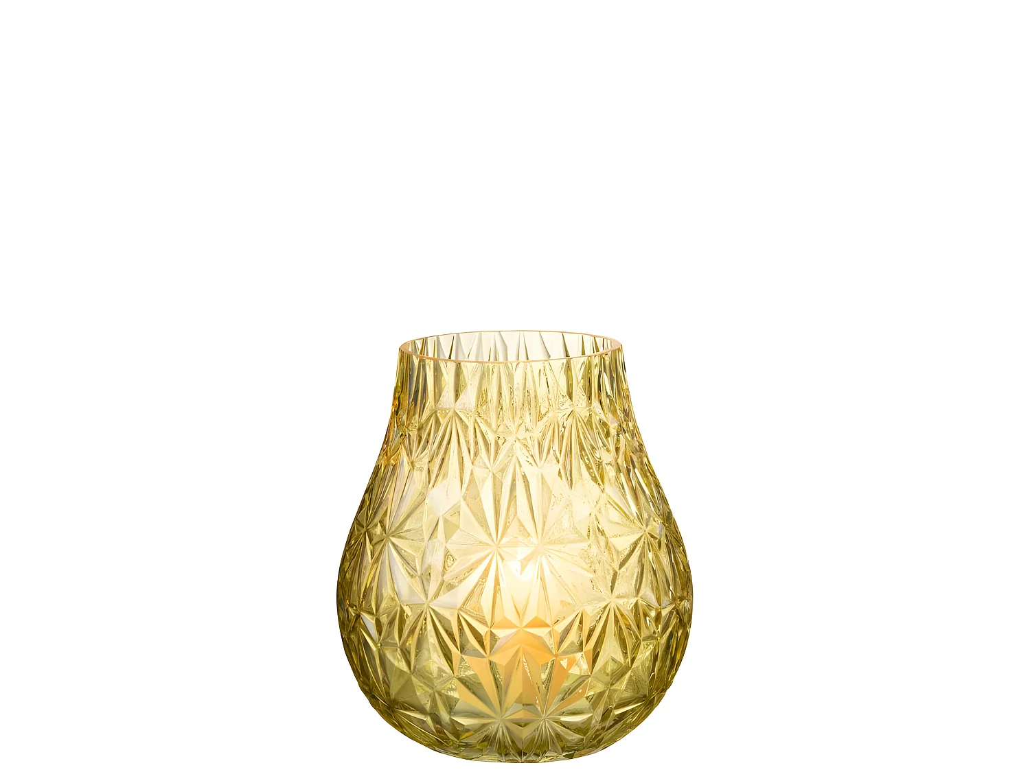 Jarrón de vidrio amarillo tallado de 18x18x22 cm