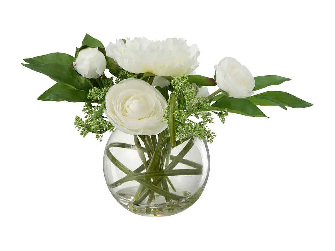 Ranuncolo di peonia in vaso sferico in plastica bianca 26x26x28cm