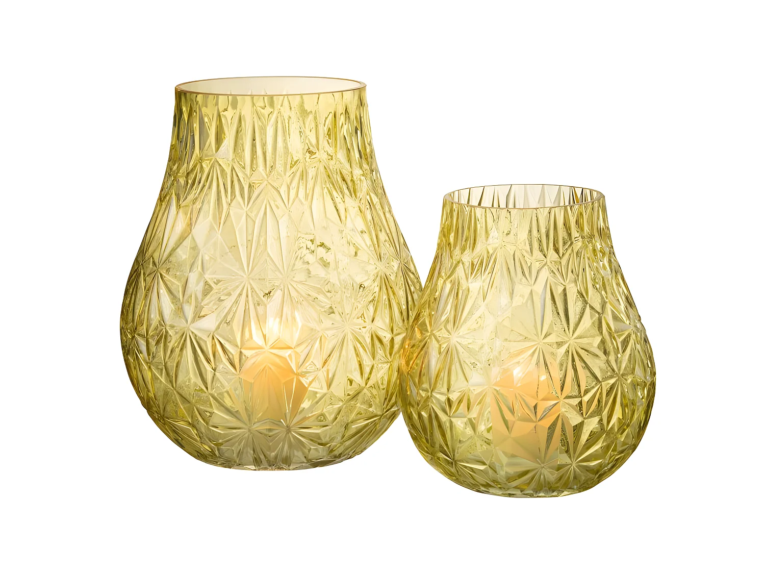 Jarrón de vidrio amarillo tallado de 22x22x28cm