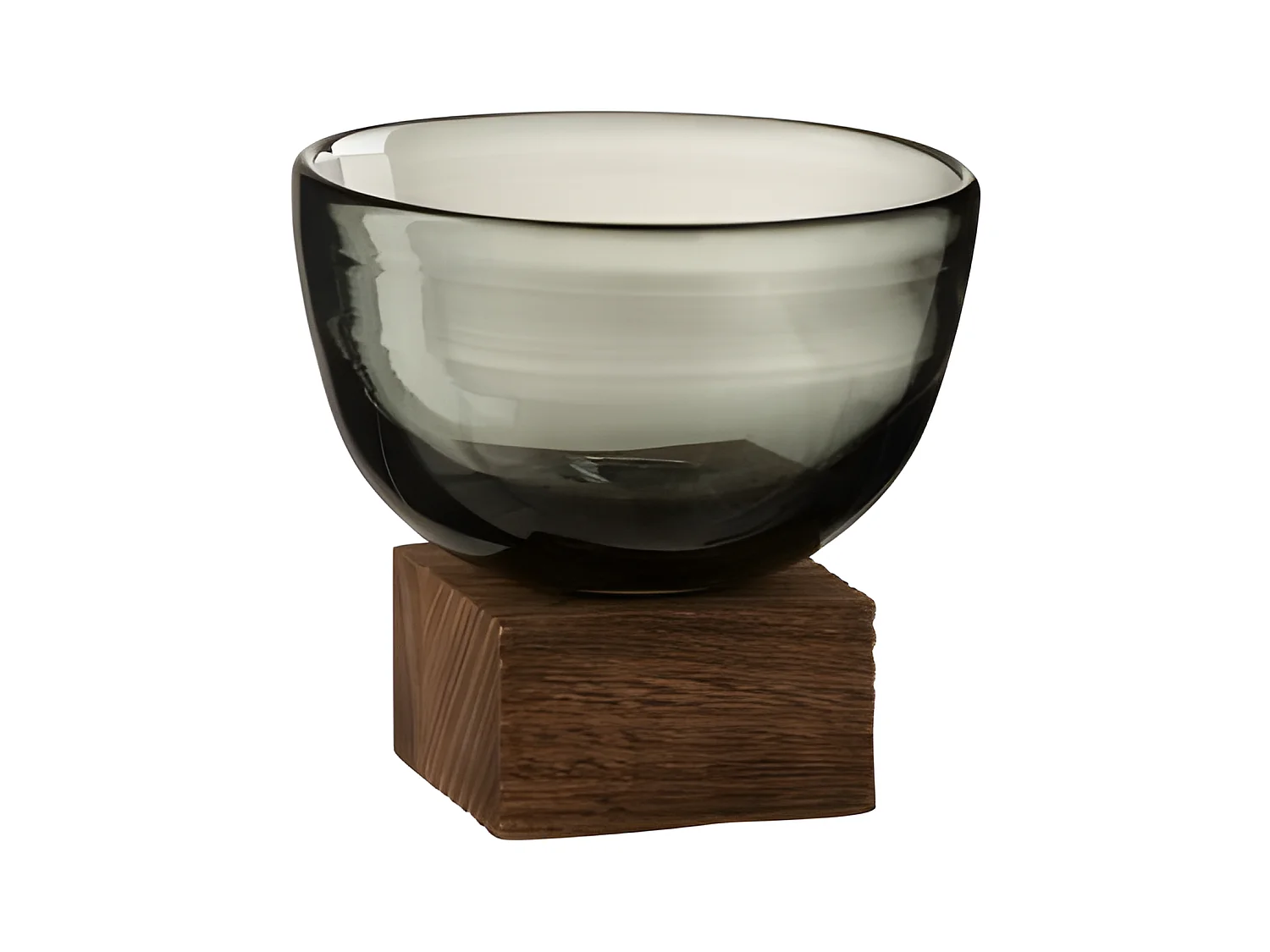 Jarrón de vidrio gris sobre un pedestal con base de madera de 11x12x12 cm