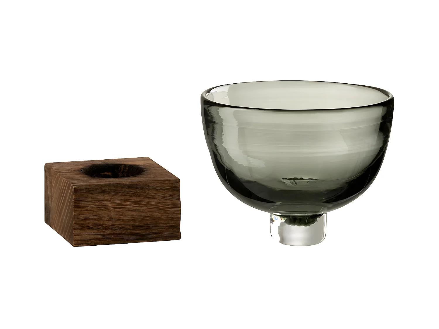 Jarrón de vidrio gris sobre un pedestal con base de madera de 11x12x12 cm