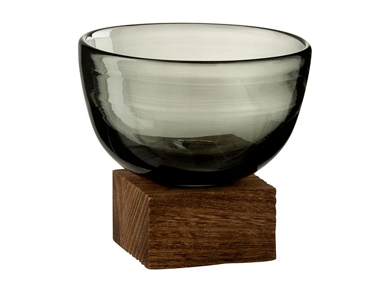 Jarrón de vidrio gris sobre un pedestal con base de madera de 11x12x12 cm