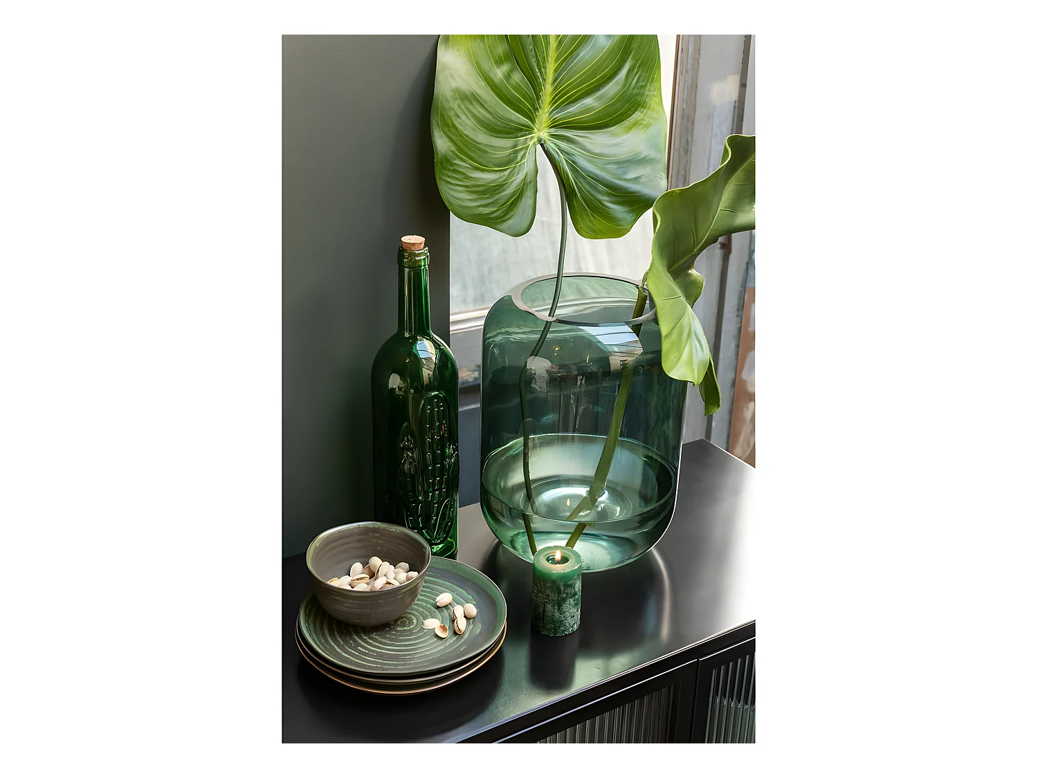 Jarrón cilindro vidrio verde Alt. 29