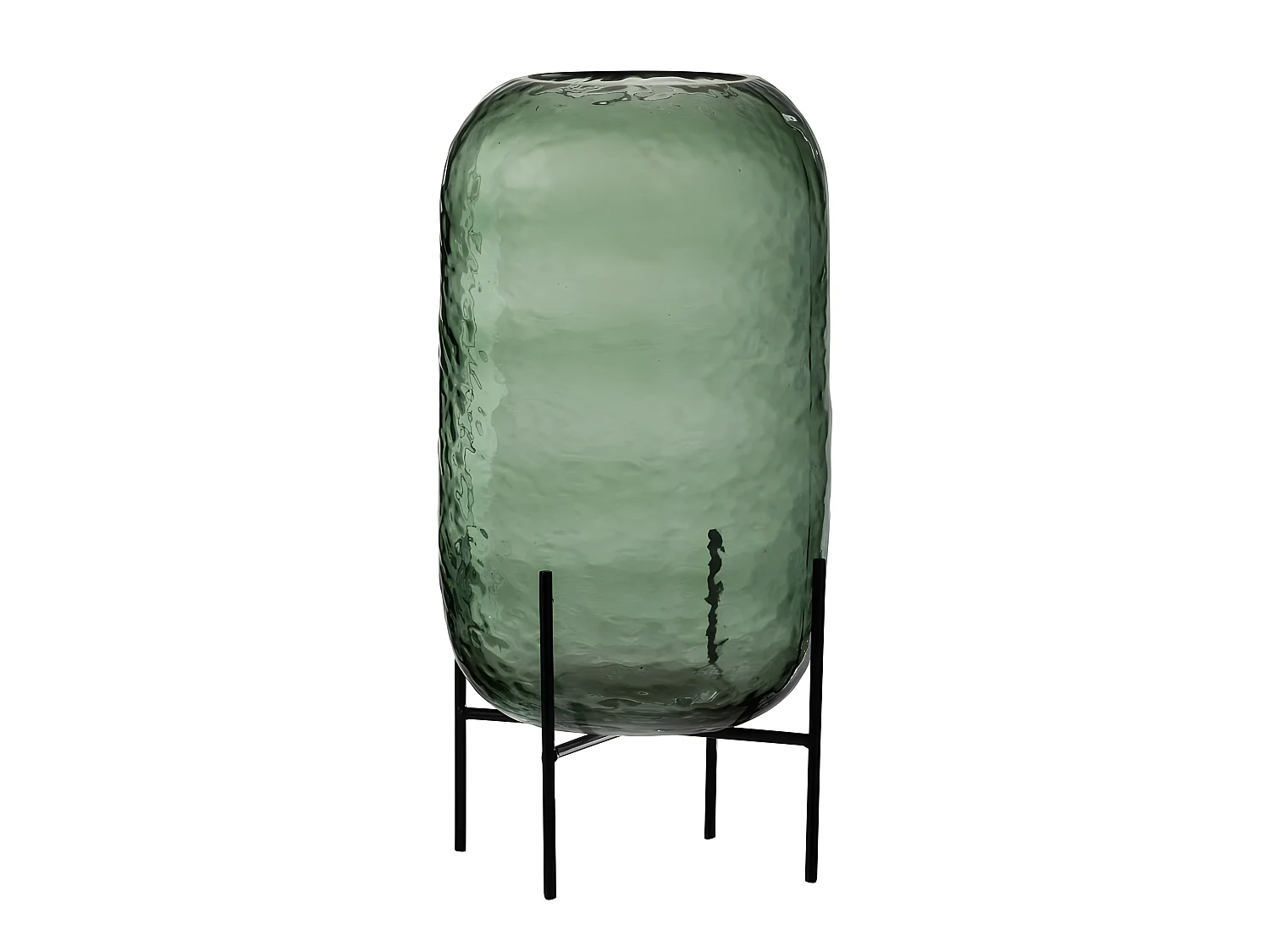 Jarrón irregular sobre base de metal en vidrio verde de 18x18x38 cm