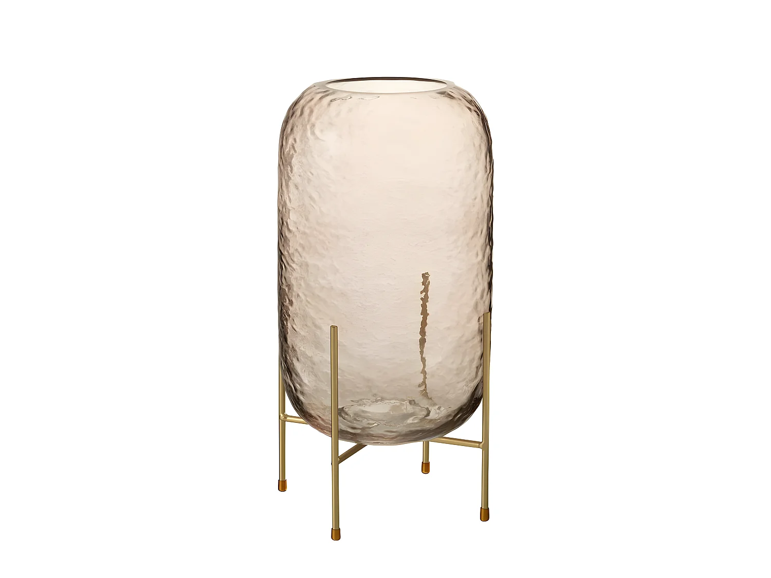 Jarrón redondo de vidrio marrón con base de metal dorado de 19x36.5cm