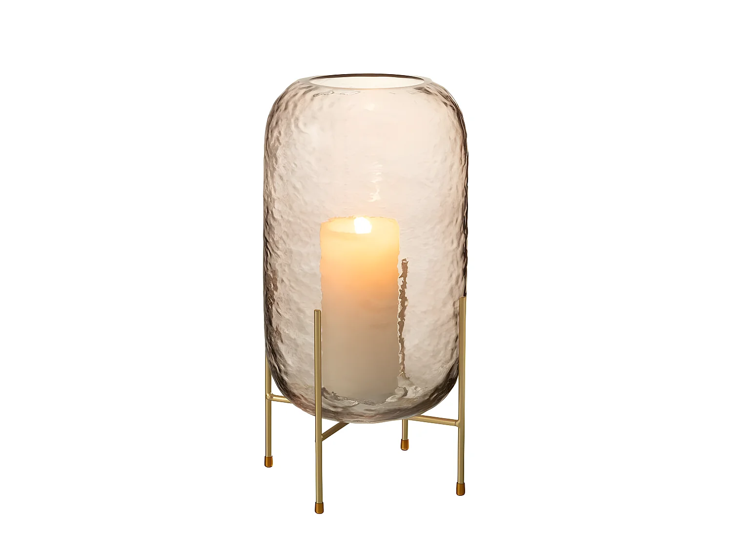 Jarrón redondo de vidrio marrón con base de metal dorado de 19x36.5cm