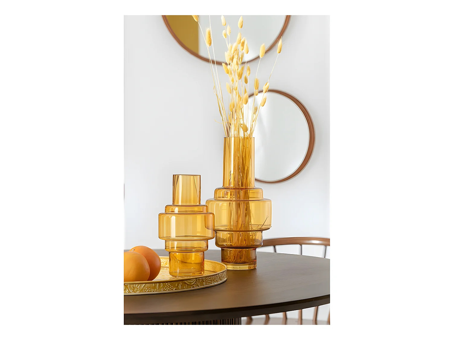 Jarrón de vidrio ocre con círculos apilados de 18x18x36 cm