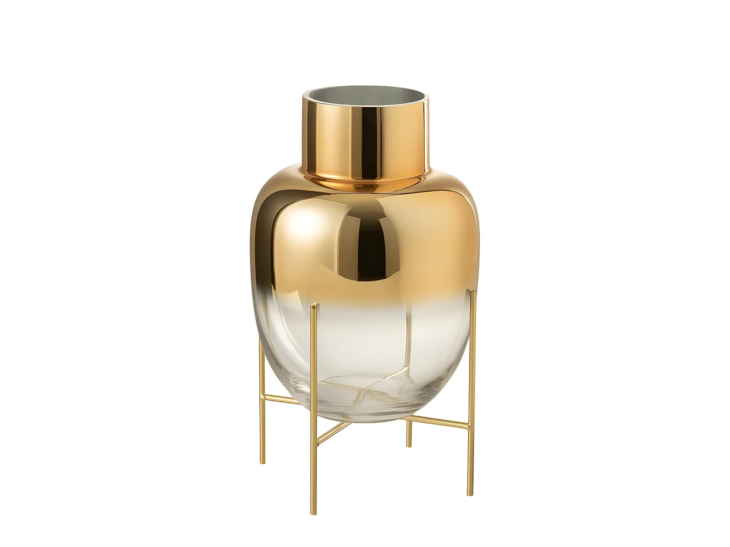 Jarrón cilíndrico de vidrio con base dorada de 21x38cm
