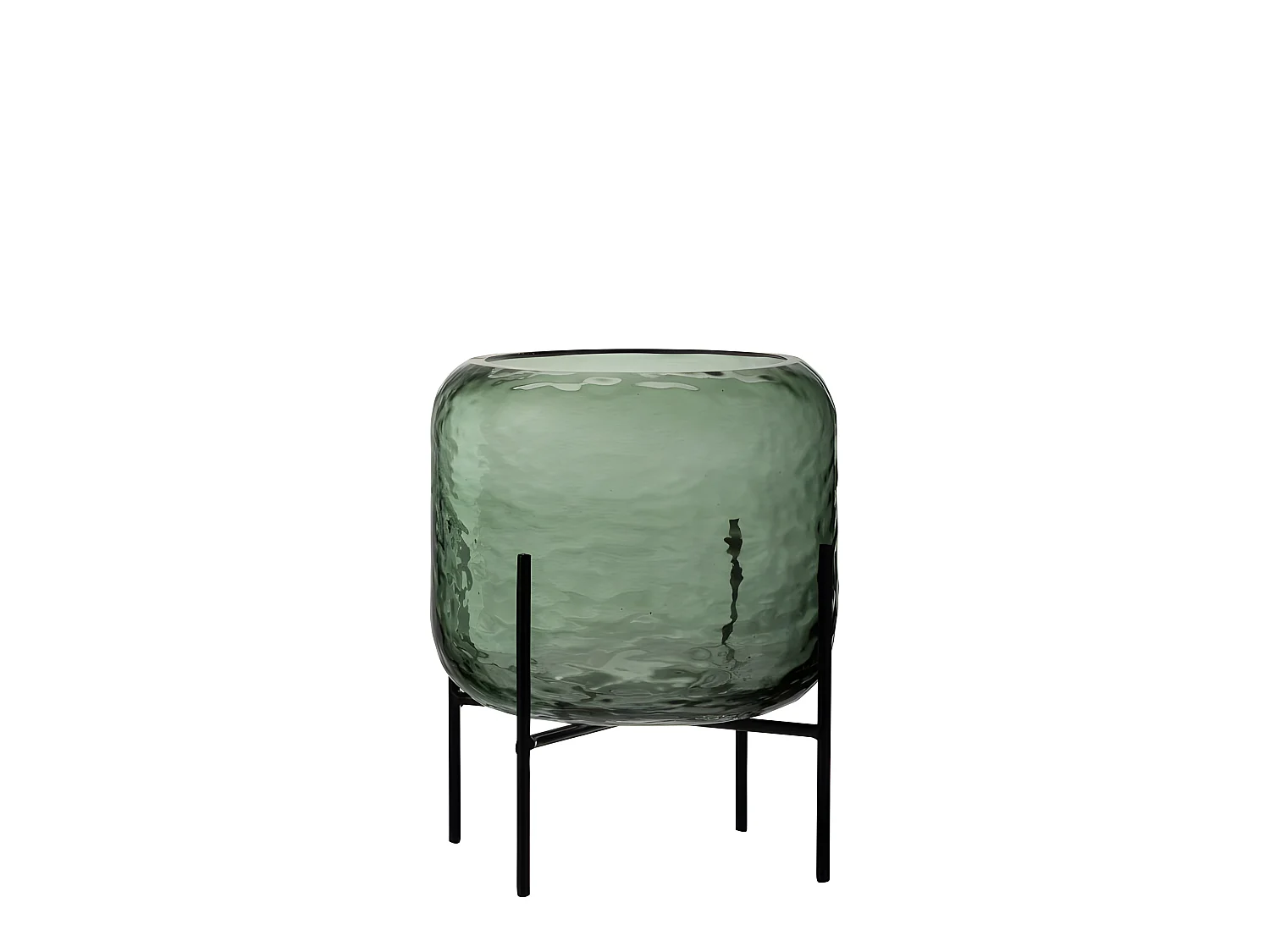 Jarrón irregular sobre base de metal en vidrio verde 20x20x25 cm