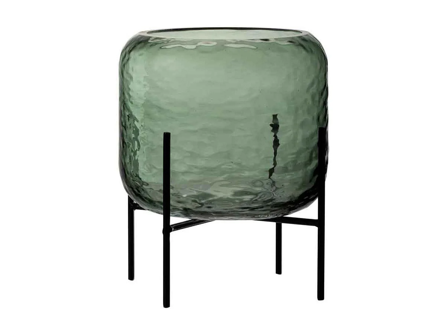 Jarrón irregular sobre base de metal en vidrio verde 20x20x25 cm