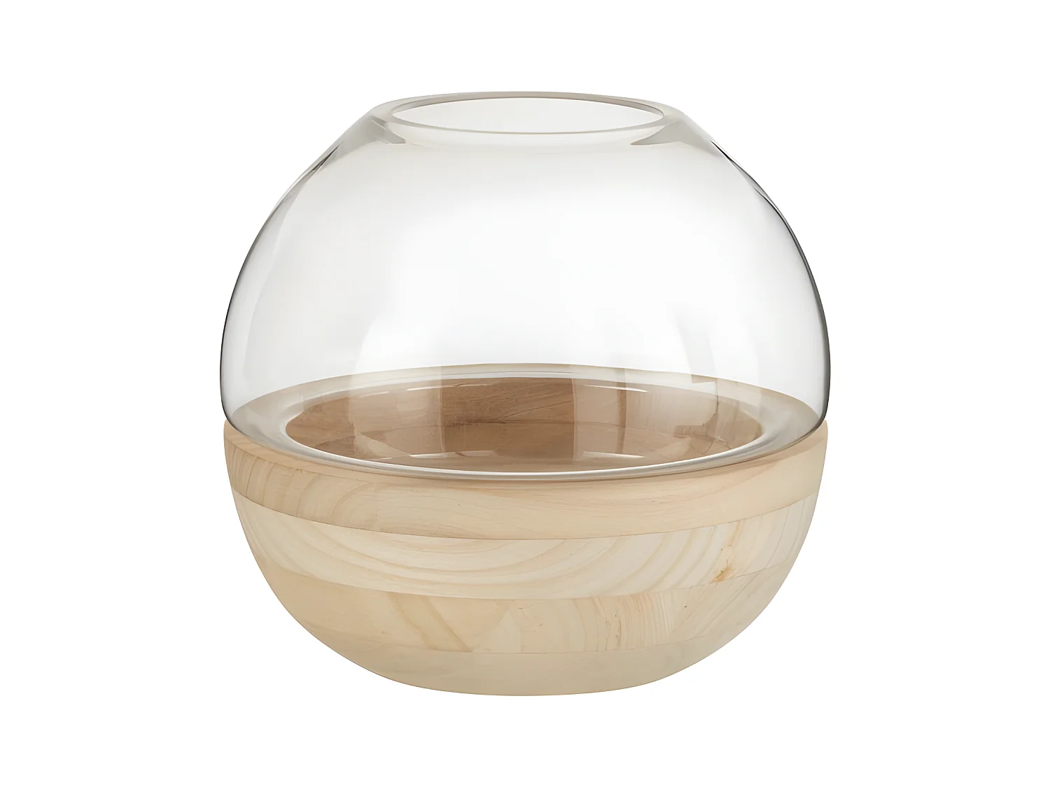 Jarrón redondo en base de madera con vidrio natural de 25x25x22.5 cm