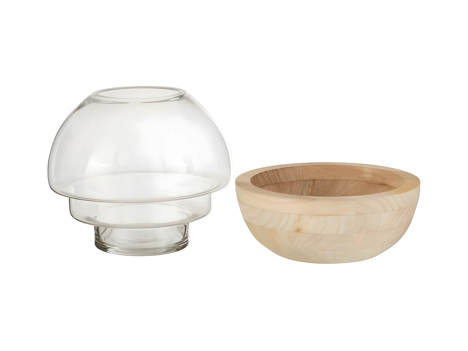 Jarrón redondo en base de madera con vidrio natural de 25x25x22.5 cm