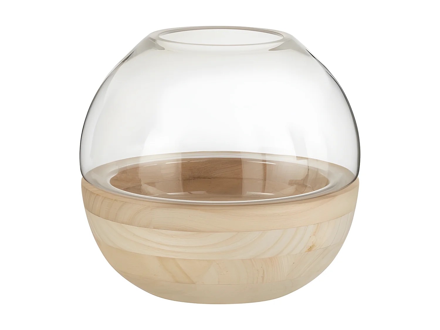 Jarrón redondo en base de madera con vidrio natural de 25x25x22.5 cm