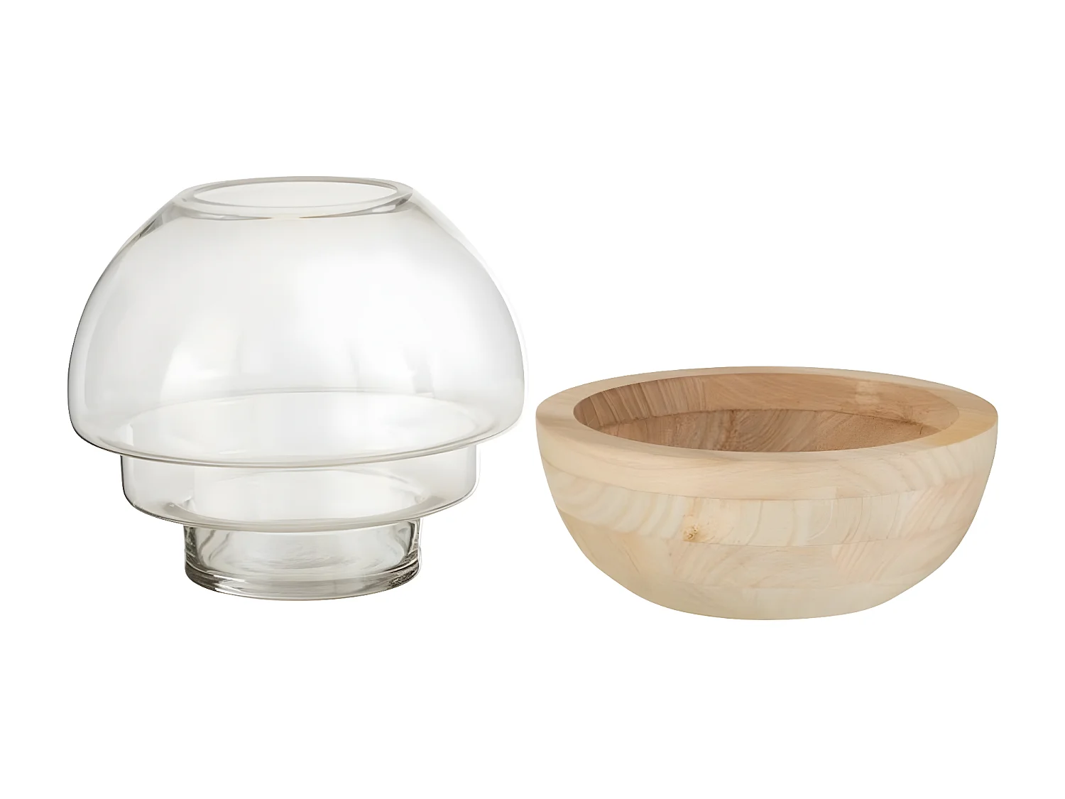 Jarrón redondo en base de madera con vidrio natural de 25x25x22.5 cm