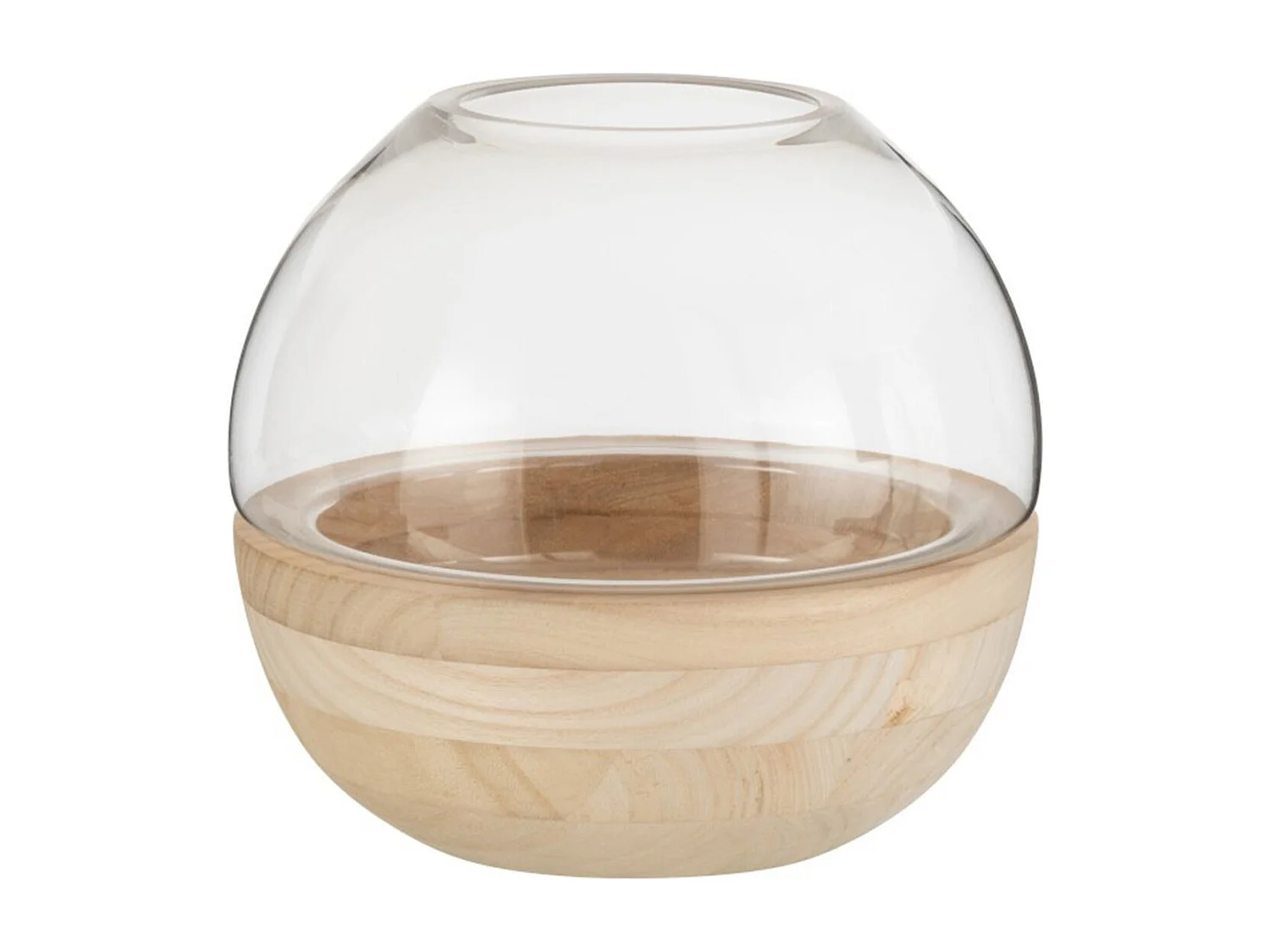Vaso a sfera con base in legno in vetro naturale 25x25x22. 5 cm