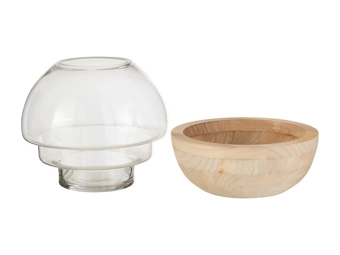 Vaso a sfera con base in legno in vetro naturale 25x25x22. 5 cm