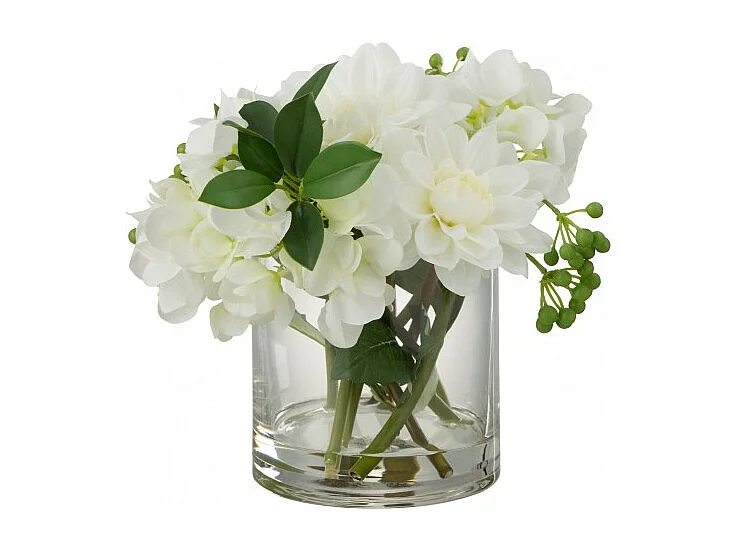 Dalia ortensia artificiale in vaso rotondo in plastica bianca 28x23x24 cm