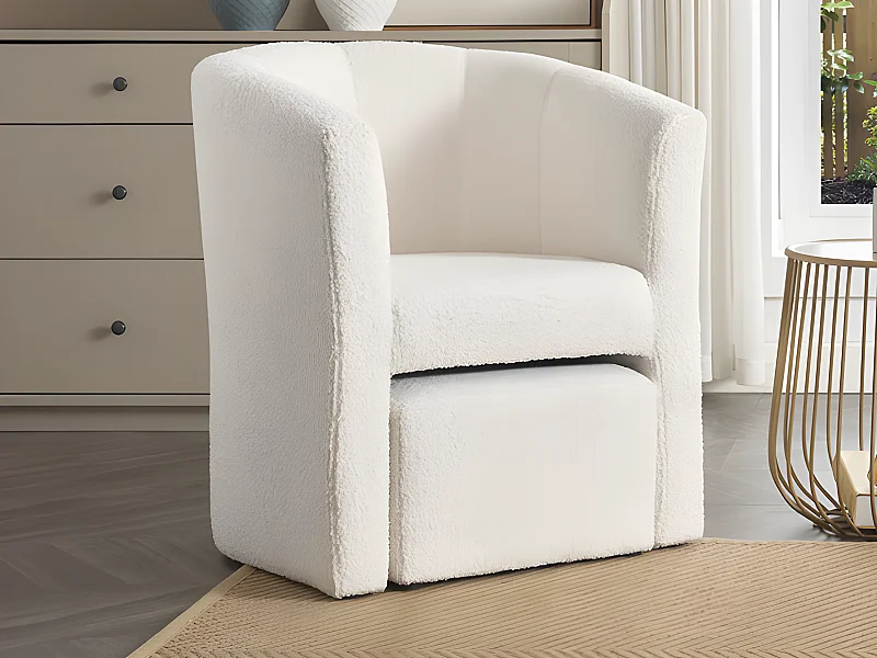 Fauteuil met holle rugleuning en poef in witte boucléstof – JOVANA
