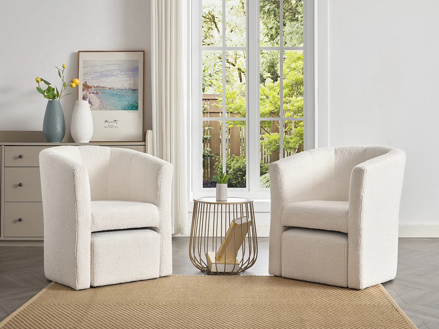 Fauteuil cabriolet et pouf en tissu bouclette blanc JOVANA