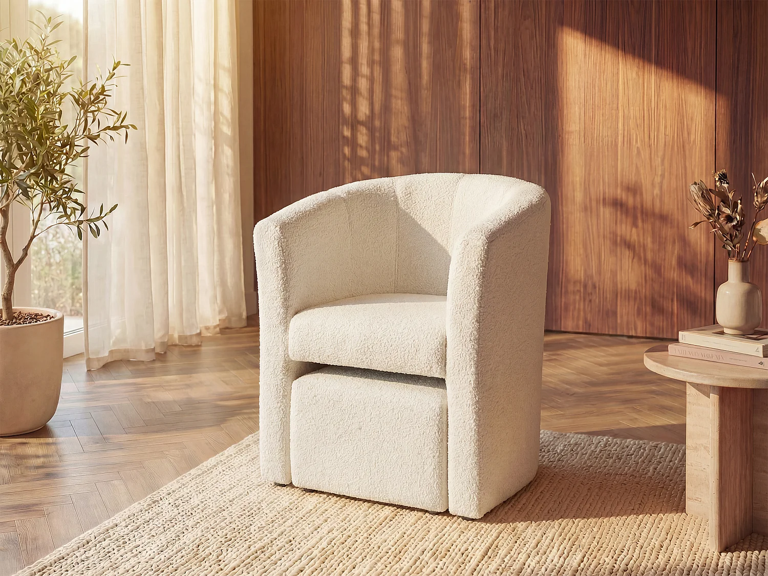 Lounge-Sessel & Hocker - Bouclé-Stoff - Weiß - JOVANA