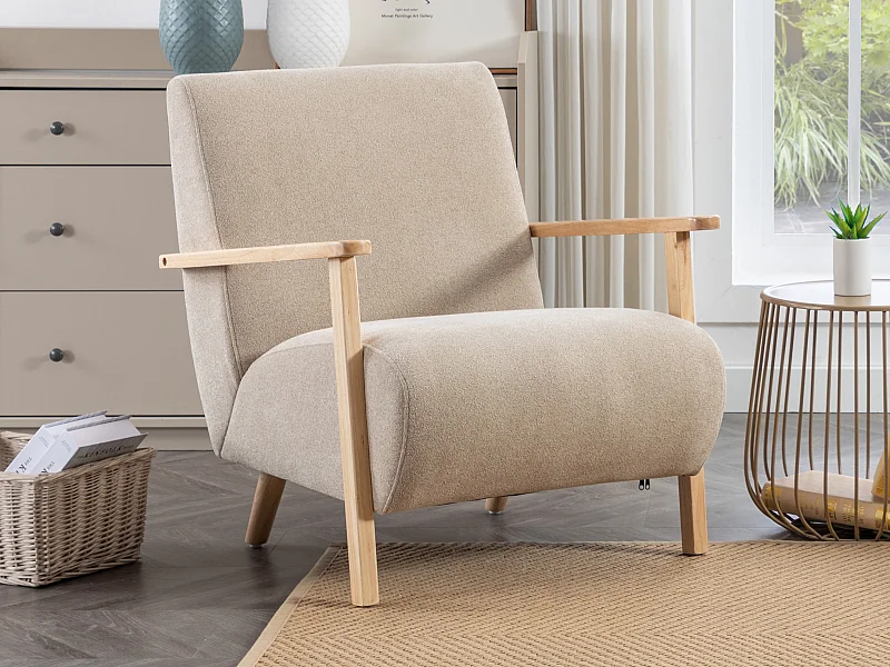 Fauteuil van beige stof en hout JULOMO