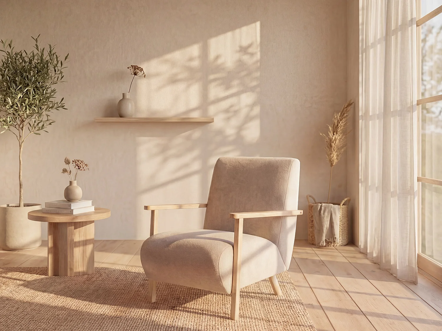 Fauteuil en tissu beige et bois JULOMO